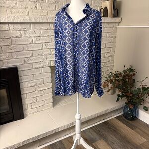 cleo Blue Geometric Print Button-Down Blouse Size Large